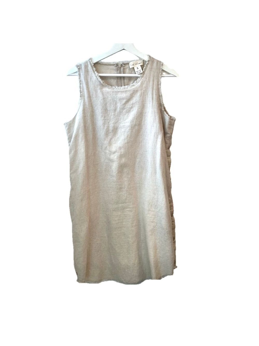 Lost in Lunar Linen Cotton Shift Dress Fringe Trim, Beige Oatmeal Sleeveless, S - Picture 3 of 16